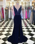 Navy Blue Mermaid Prom Dresses with V Neckline Beaded New 2018 Prom Gowns Split Side